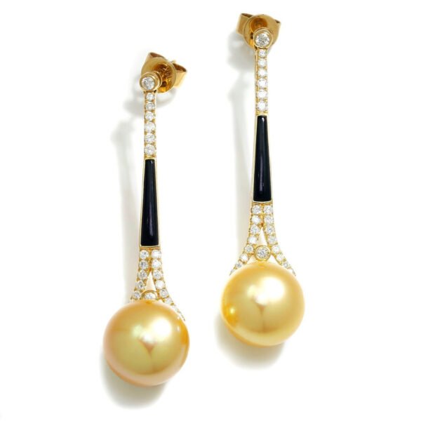 12.50MM Round Golden South Sea Pearl Earrings with Diamonds in Gold