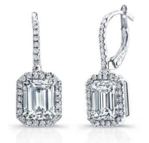2.00 ct. Emerald Cut Lever Back Halo Diamond Earrings