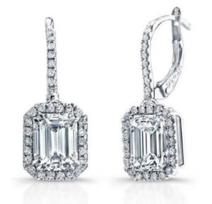 2.50 ct. Emerald Cut Lever Back Dangling Halo Earrings