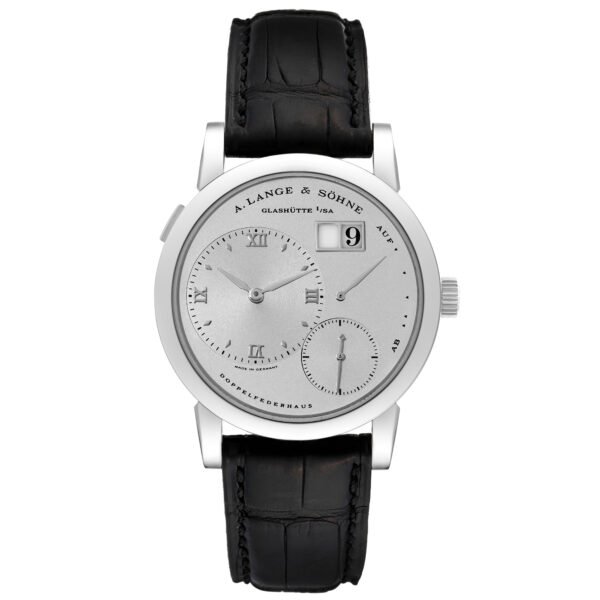 A. Lange & Söhne Lange 1 (Reference 101.025). A platinum manual wind wristwatch with date.