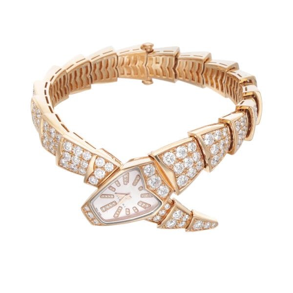 A rose gold, diamond and mother of pearl Serpenti bracelet watch