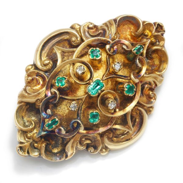 Antique Mourning Jewelry Emerald Brooch with Diamonds Yellow Gold