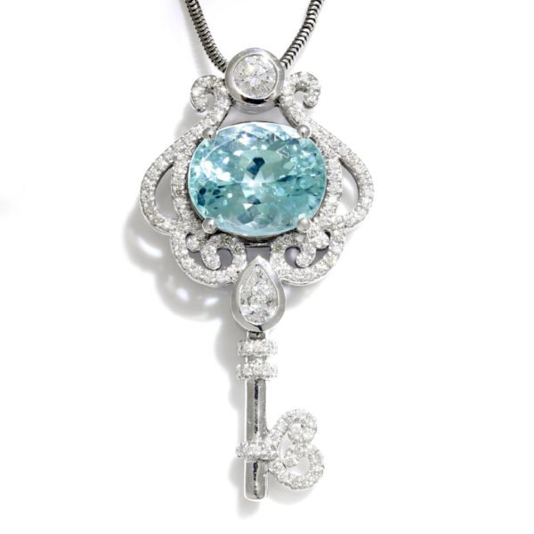 Aquamarine Key Pendant Necklace with Diamonds 14K White Gold