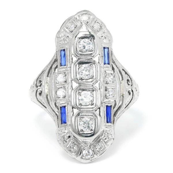 Art Deco Diamond Dinner Ring with Sapphires 18K .45ctw