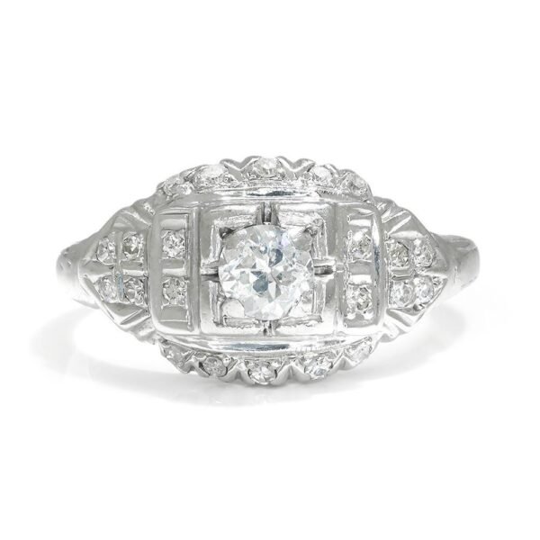 Art Deco Old Mine Cut Diamond Ring 18K White Gold .35ctw