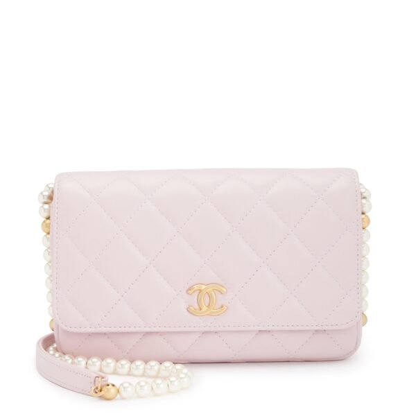 Baby Pink Quilted Lambskin About Pearls Wallet On Chain WOC Imitation Pearl Chain Aged Gold Hardware, 2021
