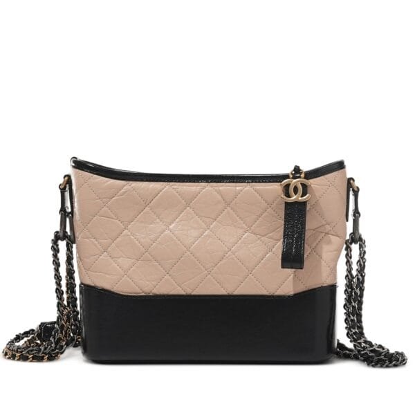 Beige and Black Quilted Calfskin Medium Gabrielle Hobo Bag Brushed Gold and Ruthenium Hardware, 2021