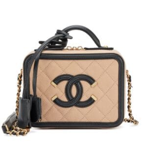 Beige and Black Quilted Caviar Top Handle Small CC Filigree Vanity Case Aged Gold Hardware, 2018