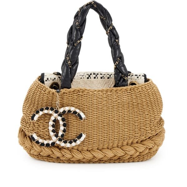 Beige and Cream Woven Raffia Black Lambskin Braided Handle Coco Country Tote Brushed Gold Hardware, 2009-2010
