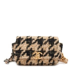 Beige, Black and Silver Houndstooth Tweed 19 Waist Belt Bag Brushed Gold and Ruthenium Hardware, 2019