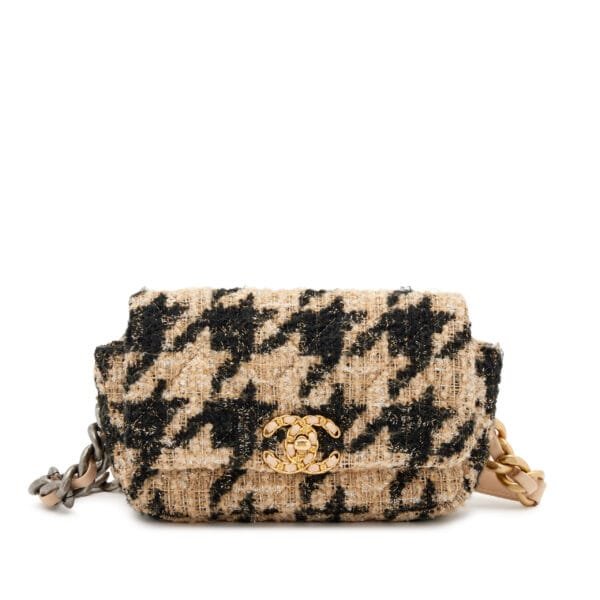 Beige, Black and Silver Houndstooth Tweed 19 Waist Belt Bag Brushed Gold and Ruthenium Hardware, 2019