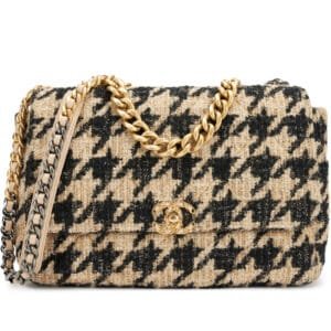 Beige, Black and Silver Houndstooth Tweed Maxi 19 Flap Bag Brushed Gold and Ruthenium Hardware, 2019
