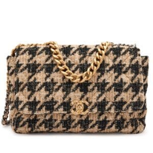 Beige, Black and Silver Houndstooth Tweed Maxi 19 Flap Brushed Gold and Ruthenium Hardware, 2019