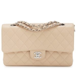 Beige Clair Quilted Caviar Medium Classic Double Flap Bag Silver Hardware, 2024