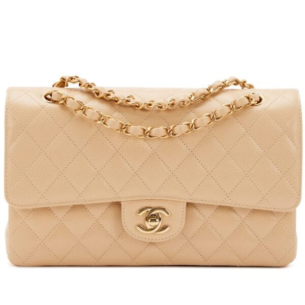 Beige Clair Quilted Caviar Medium Classic Double Flap Gold Hardware, 2023