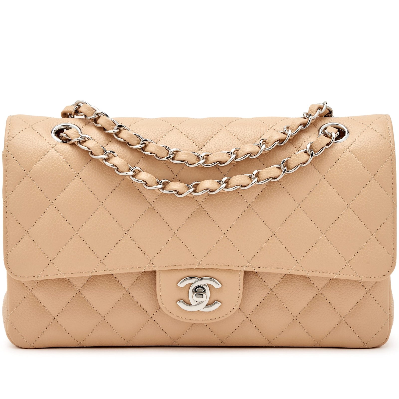 Beige Clair Quilted Caviar Medium Classic Double Flap Silver Hardware, 2019-2020