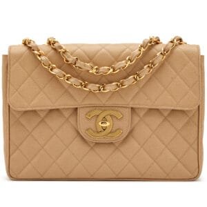 Beige Quilted Caviar Jumbo Classic Single Flap Bag Oversize XL CC Gold Hardware, 1994-1996