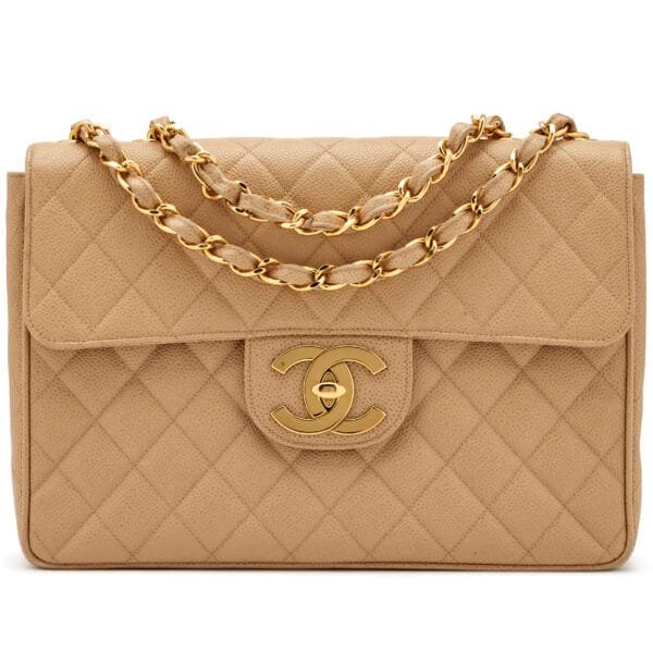 Beige Quilted Caviar Jumbo Classic Single Flap Bag Oversize XL CC Gold Hardware, 1994-1996