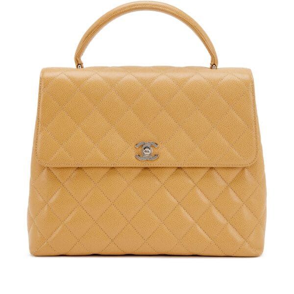Beige Quilted Caviar Large Kelly Flap Top Handle Silver Hardware, 1997-1999