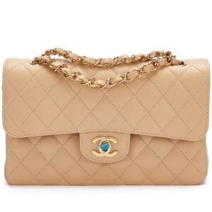 Beige Quilted Caviar Small Classic Double Flap Gold Hardware