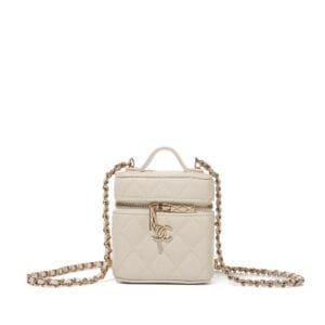 Beige Quilted Caviar Top Handle Micro Clutch with Chain Pale Gold Hardware, 2021