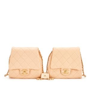 Beige Quilted Lambskin Double Side Pack Bags Aged Gold Hardware, 2019