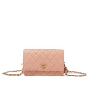 Beige Quilted Lambskin Pearl Crush Wallet on Chain Aged Gold Hardware