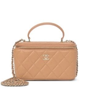 Beige Quilted Lambskin Top Handle Vanity Case Pale Gold Hardware