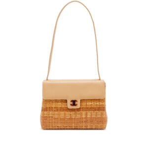 Beige Wicker Rattan and Lambskin Basket Shoulder Bag Tortoiseshell Bakelite Hardware, 1997-1999