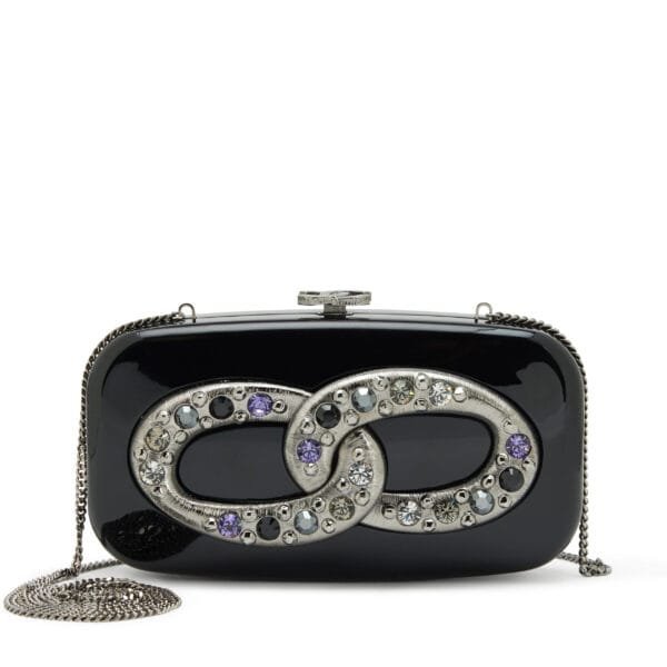 Black Acrylic Multicolor Crystal Embellished Minaudière Box Clutch with Chain Ruthenium Hardware, 2005-2006