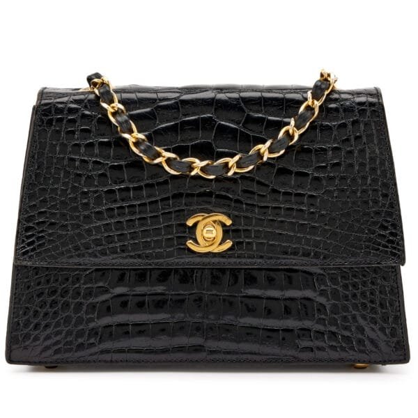 Black Alligator CC Trapezoid Flap Bag Gold Hardware, 1989-1990