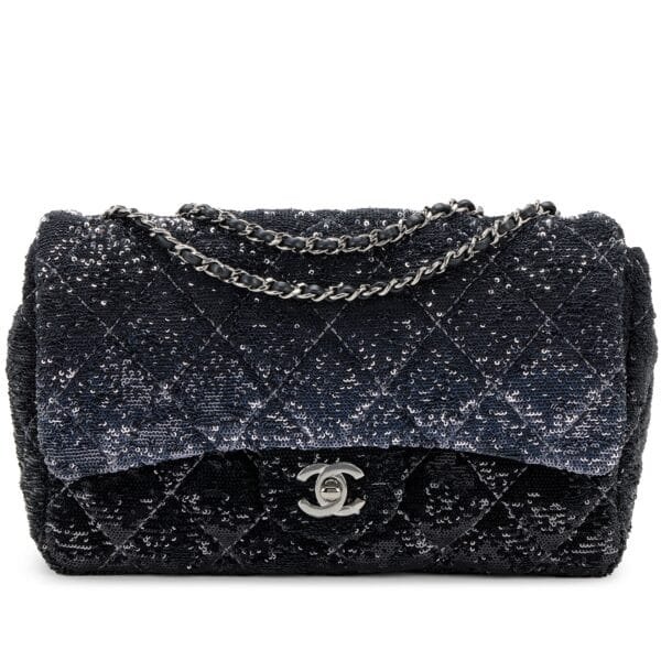 Black and Blue Quilted Reversible Sequin Medium Classic Single Flap Silver Hardware, 2020