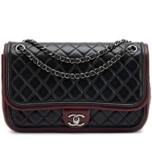 Black and Burgundy Lambskin Quilted Double Flap Bag with Silver Hardware, 2013