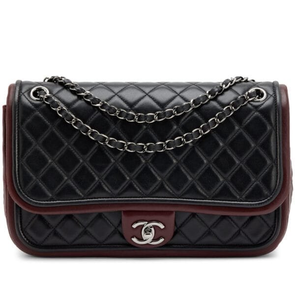 Black and Burgundy Lambskin Quilted Double Flap Bag with Silver Hardware, 2013