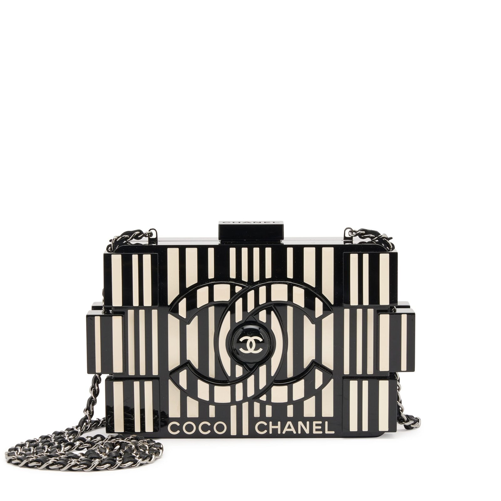 Black and Cream White Striped Plexiglass Supermarket Boy Brick Barcode Lego Minaudiere Clutch Ruthenium Hardware, 2014