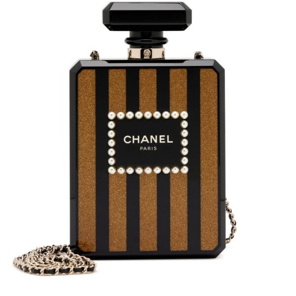 Black and Gold Glitter Plexiglass Imitation Pearl Embellished Perfume Bottle Minaudière Gold Hardware, 2017