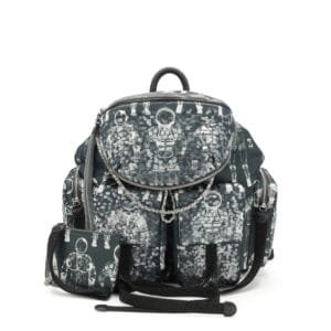 Black and Gray Printed Sequin Nylon Astronaut Essentials Backpack and Bum Bag Silver Hardware, 2017
