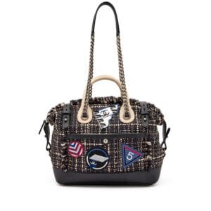 Black and Ivory Caviar and Multicolor Tweed Patch Embellished Airline Crest Trip Bowling Bag Ruthenium Hardware, 2016