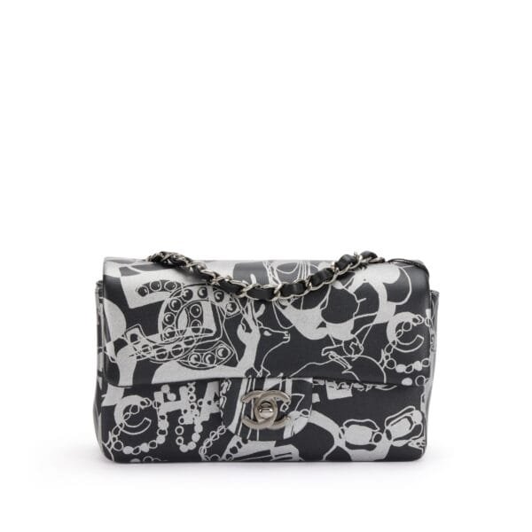Black and Silver Printed Lambskin Mini Classic Flap Ruthenium Hardware, 2022
