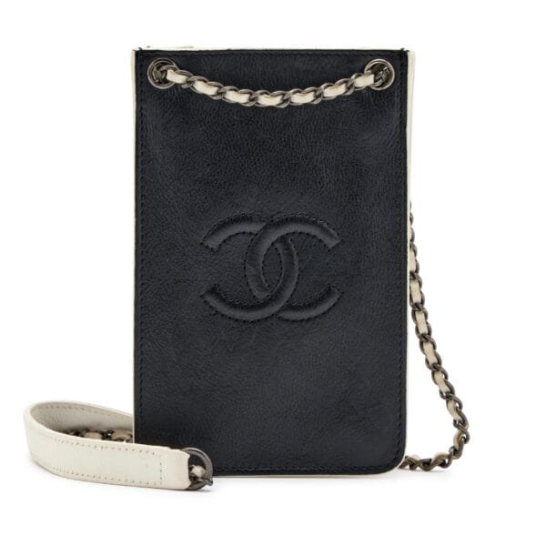 Black and White Calfskin CC Logo Two-Tone Crossbody Phone Holder Ruthenium Hardware, 2014