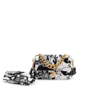 Black and White Quilted Printed Fabric Mini Flap Gold Hardware, 2022
