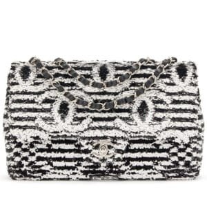 Black and White Sequin CC Logo and Black Lambskin Medium Single Flap Bag Silver Hardware, 2024