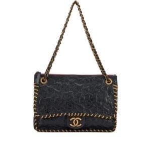Black Calfskin Embossed Camellia CC Logo Symbols Whipstitch Blizzard Shoulder Bag Aged Gold Hardware, 2011
