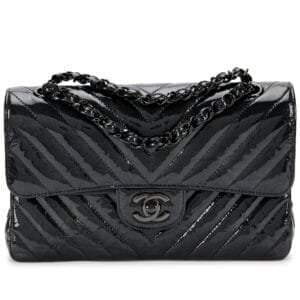 Black Chevron Patent Timeless Classic Double Flap Bag Black Hardware, 2018