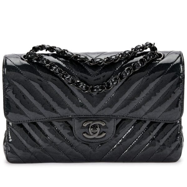 Black Chevron Patent Timeless Classic Double Flap Bag Black Hardware, 2018