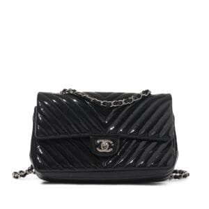 Black Chevron Patent Timeless Classic Double Flap Bag Silver Hardware, 2015