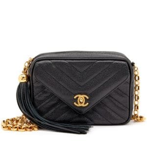 Black Chevron Quilted Caviar Small Envelop Tassel Camera Flap Bag Gold Hardware, 1991-1994