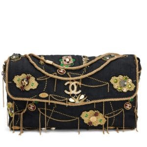 Black Denim Embellished Runway Prototype Jumbo Single Flap Bag Gold Hardware, 2008-2009