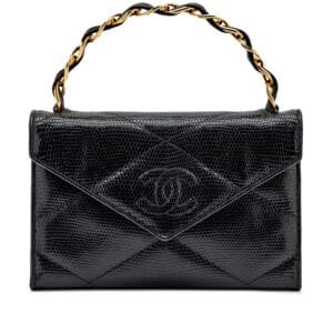Black Diamond Quilted Lizard Timeless Envelope Flap Gold Chain Top Handle Gold Hardware, 1986-1988