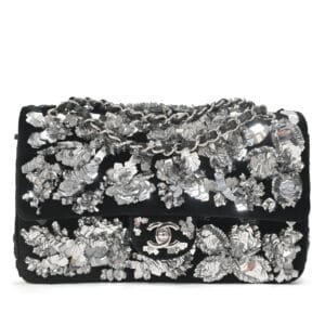 Black Embroidered Velvet Sequins Classic Double Flap Silver Hardware, 2021